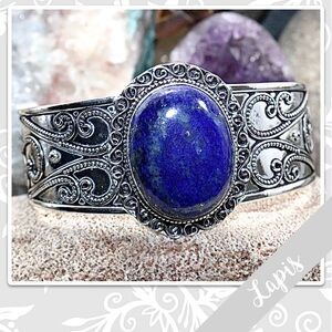 Lapis Lazuli Large Silver Artisan Bangle Cuff Bracelet, Adjustable (Royal Blue)